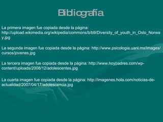 Bibliografía La primera imagen fue copiada desde la página: http://upload.wikimedia.org/wikipedia/commons/b/b9/Diversity_of_youth_in_Oslo_Norway.jpg  La segunda imagen fue copiada desde la página: http://www.psicologia.uanl.mx/images/cursos/jovenes.jpg La tercera imagen fue copiada desde la página: http://www.hoypadres.com/wp-content/uploads/2008/12/adolescentes.jpg La cuarta imagen fue copiada desde la página: http://imagenes.hola.com/noticias-de-actualidad/2007/04/17/adolescencia.jpg 