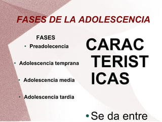 FASES DE LA ADOLESCENCIA FASES  Preadolecencia Adolescencia temprana Adolescencia media Adolescencia tardia CARACTERISTICAS Se da entre los 10 y años. Interes por el físico. Entre 11 y 13 años. Coincide con la pubertad. Entre los 14 y 16 años. Comienzan los contacto son el sexo opusto. Se da entre los 17 y 19 años. El asolesecente cominza a ser indepentdiente tanto emocional y economicamete.  