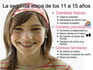 La segunda etapa de los 11 a 15 años Cambios físicos: Llega la pubertad. Necesidad de dormir mas. Aumenta el apetito. Cambios psicológicos : Aumenta la independencia. Mayor interés en el amor. Se sienten el centro del mundo. Cambios de animo muy fuertes. Cambios familiares : Se pierde el interés. Rechazan muestras de cariño. Retan los limites. 