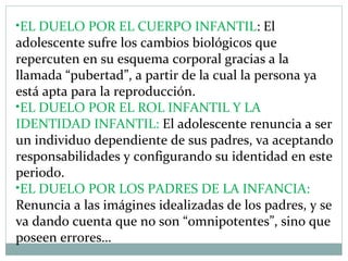 •EL DUELO POR EL CUERPO INFANTIL: El
adolescente sufre los cambios biológicos que
repercuten en su esquema corporal gracias a la
llamada “pubertad”, a partir de la cual la persona ya
está apta para la reproducción.
•EL DUELO POR EL ROL INFANTIL Y LA
IDENTIDAD INFANTIL: El adolescente renuncia a ser
un individuo dependiente de sus padres, va aceptando
responsabilidades y configurando su identidad en este
periodo.
•EL DUELO POR LOS PADRES DE LA INFANCIA:
Renuncia a las imágines idealizadas de los padres, y se
va dando cuenta que no son “omnipotentes”, sino que
poseen errores…
 