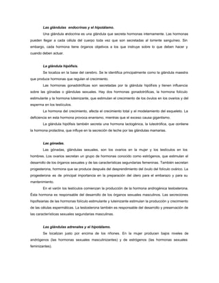 Las glándulas endocrinas y el hipotálamo.
Una glándula endocrina es una glándula que secreta hormonas internamente. Las hormonas
pueden llegar a cada célula del cuerpo toda vez que son secretadas al torrente sanguíneo. Sin
embargo, cada hormona tiene órganos objetivos a los que instruye sobre lo que deben hacer y
cuando deben actuar.
La glándula hipófisis.
Se localiza en la base del cerebro. Se le identifica principalmente como la glándula maestra
que produce hormonas que regulan el crecimiento.
Las hormonas gonadotróficas son secretadas por la glándula hipófisis y tienen influencia
sobre las gónadas o glándulas sexuales. Hay dos hormonas gonadotróficas, la hormona folículo
estimulante y la hormona luteinizante, que estimulan el crecimiento de los óvulos en los ovarios y del
esperma en los testículos.
La hormona del crecimiento, afecta el crecimiento total y el modelamiento del esqueleto. La
deficiencia en esta hormona provoca enanismo, mientras que el exceso causa gigantismo.
La glándula hipófisis también secreta una hormona lactogénica, la luteotrófica, que contiene
la hormona prolactina, que influye en la secreción de leche por las glándulas mamarias.
Las gónadas.
Las gónadas, glándulas sexuales, son los ovarios en la mujer y los testículos en los
hombres. Los ovarios secretan un grupo de hormonas conocido como estrógenos, que estimulan el
desarrollo de los órganos sexuales y de las características segundarias femeninas. También secretan
progesterona, hormona que se produce después del desprendimiento del óvulo del folículo ovárico. La
progesterona es de principal importancia en la preparación del útero para el embarazo y para su
mantenimiento.
En el varón los testículos comienzan la producción de la hormona androgénica testosterona.
Ésta hormona es responsable del desarrollo de los órganos sexuales masculinos. Las secreciones
hipofisiarias de las hormonas folículo estimulante y luteinizante estimulan la producción y crecimiento
de las células espermáticas. La testosterona también es responsable del desarrollo y preservación de
las características sexuales segundarias masculinas.
Las glándulas adrenales y el hipotálamo.
Se localizan justo por encima de los riñones. En la mujer producen bajos niveles de
andrógenos (las hormonas sexuales masculinizantes) y de estrógenos (las hormonas sexuales
feminizantes).
 