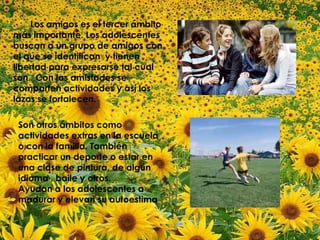 Los amigos es el tercer ámbito más importante. Los adolescentes buscan a un grupo de amigos con el que se identifican  y tienen libertad para expresarse tal cual son.  Con las amistades se comparten actividades y así los lazos se fortalecen.Son otros ámbitos como actividades extras en la escuela o con la familia. También practicar un deporte o estar en una clase de pintura, de algún idioma , baile y otros. Ayudan a los adolescentes a madurar y elevan su autoestima.