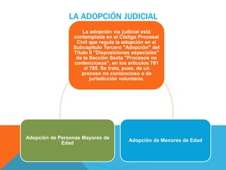 LA ADOPCIÓN JUDICIAL 
Adopción de Menores de Edad 
El proceso judicial de adopción se realiza ante Juzgado de Familia func...