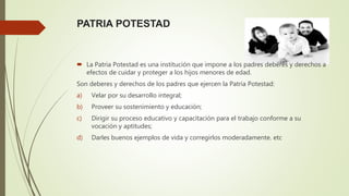 PATRIA POTESTAD
 La Patria Potestad es una institución que impone a los padres deberes y derechos a
efectos de cuidar y proteger a los hijos menores de edad.
Son deberes y derechos de los padres que ejercen la Patria Potestad:
a) Velar por su desarrollo integral;
b) Proveer su sostenimiento y educación;
c) Dirigir su proceso educativo y capacitación para el trabajo conforme a su
vocación y aptitudes;
d) Darles buenos ejemplos de vida y corregirlos moderadamente. etc
 