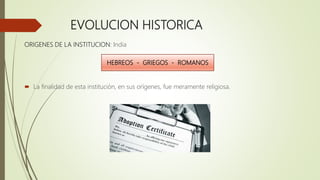 EVOLUCION HISTORICA
ORIGENES DE LA INSTITUCION: India
 La finalidad de esta institución, en sus orígenes, fue meramente religiosa.
HEBREOS - GRIEGOS - ROMANOS
 
