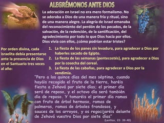 La adoración en Israel no era mero formalismo. No se adoraba a Dios de una manera fría y ritual, sino de una manera alegre. La alegría de Israel emanaba del reconocimiento del perdón de los pecados, de la salvación, de la redención, de la santificación, del agradecimiento por todo lo que Dios hacía por ellos. Dios vivía con ellos, ¿cómo podrían estar tristes? Por orden divina, cada israelita debía presentarse ante la presencia de Dios en el Santuario tres veces al año: La fiesta de los panes sin levadura, para agradecer a Dios por haberles sacado de Egipto. La fiesta de las semanas (pentecostés), para agradecer a Dios por la cosecha del cereal. La fiesta de las cabañas, para agradecer a Dios por la vendimia. “ Pero a los quince días del mes séptimo, cuando hayáis recogido el fruto de la tierra, haréis fiesta a Jehová por siete días; el primer día será de reposo, y el octavo día será también día de reposo. Y tomaréis el primer día ramas con fruto de árbol hermoso, ramas de palmeras, ramas de árboles frondosos, y sauces de los arroyos, y os regocijaréis delante de Jehová vuestro Dios por siete días” (Levítico, 23: 39-40) ALEGRÉMONOS ANTE DIOS 
