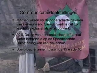 Communicatiedoelstellingen Mensen wijzen op de onderschatte gevaren van siervuurwerk. Siervuurwerk is net zo’n krachtig explosief als knalvuurwerk. 20% Daling van het aantal slachtoffers dat wordt behandeld op de Spoedeisende Hulpafdeling van een ziekenhuis. Doelgroep: mannen tussen de 15 en de 40. 
