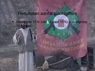 Resultaten aantal slachtoffers Daling van 17% (van 18 naar 15%) in doelgroep 15-19 jaar. 