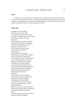 La Agenda de Andrea – Rodríguez Carrillo                               12

Veinte 
                                                   
         De manera que al final caemos en la mañana fresca y soleada, fijate que el clima hace tanto, 
no como otras cosas que pasan de lado y creemos importante. Pero no se trata de eso, es más otro 
color que no puedo definir bien, una pequeña alegría sabiéndote triste, encaramada al temor de la 
pérdida, ese profundo daño de excluirte por propia voluntad. 
 
 
Veinte y dos 
 
Los golpes en cada despertar, 
Como la vez que estuvo nadie 
Y teníamos tantas ganas de reír juntos. 
Esa vuelta a lo mismo que ya es demasiado. 
Sin salidas ni teléfonos, mirando 
Hacia atrás. 
Todas las fotos manchadas y perdidas, 
Las absurdas definiciones dominicales, 
El lenguaje inexplicable, lo que está 
Siempre, y nunca se escribe. 
Todo lo que tuvimos que aceptar 
Para poder jugar tranquilos, 
En otro lugar, 
Donde la derrota es un papel, 
Donde la pena no existe, sólo el tiempo. 
Todo va tocándose en algún punto, 
Y sin embargo, no basta, es difícil sabés? 
Y ahí te aborda la duda, el cansancio. 
Habría que cambiarlo tanto del todo, 
Más lejos que el cómodo edredón, 
La tenue caricia del olvido despacio, 
Ir amordazando cada idea que no pudo. 
Esa sonrisa guardada en la memoria, 
Reproduciéndose en cámara lenta. 
El cuerpo bajo las sábanas, 
Sin alcohol. 
Podría estarlo todo en las manos, 
Casi lo decimos, pero se esfuma como 
El sueño de la mañana, queda el 
Gusto amargo, el intento fallido. 
Con todos los días encima hace tanto, 
Y cada vez importa menos, al menos 
Cuando hablamos. 
Quizás no sea como lo hemos esperado, 
Puede que en algún momento lo perdimos. 
Pero siguen los latidos, esperando 
De pie. 
En alguna esquina aguarda, quizás llueva, 
Algo que indique sin lastimar, 
 