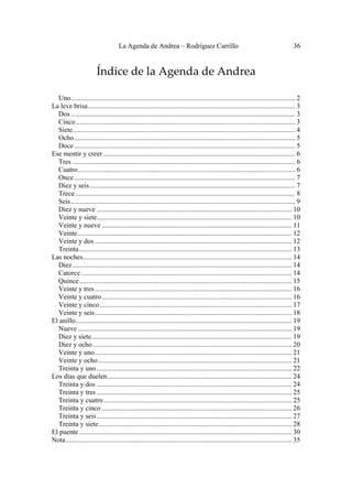 La Agenda de Andrea – Rodríguez Carrillo                                                         36


                        Índice de la Agenda de Andrea 
                                                                      
                                                                      
  Uno.................................................................................................................................. 2
La leve brisa........................................................................................................................ 3
  Dos .................................................................................................................................. 3
  Cinco ............................................................................................................................... 3
  Siete................................................................................................................................. 4
  Ocho................................................................................................................................ 5
  Doce ................................................................................................................................ 5
Ese mentir y creer ............................................................................................................... 6
  Tres ................................................................................................................................. 6
  Cuatro.............................................................................................................................. 6
  Once ................................................................................................................................ 7
  Diez y seis ....................................................................................................................... 7
  Trece ............................................................................................................................... 8
  Seis.................................................................................................................................. 9
  Diez y nueve ................................................................................................................. 10
  Veinte y siete................................................................................................................. 10
  Veinte y nueve .............................................................................................................. 11
  Veinte............................................................................................................................ 12
  Veinte y dos .................................................................................................................. 12
  Treinta ........................................................................................................................... 13
Las noches......................................................................................................................... 14
  Diez ............................................................................................................................... 14
  Catorce .......................................................................................................................... 14
  Quince ........................................................................................................................... 15
  Veinte y tres .................................................................................................................. 16
  Veinte y cuatro.............................................................................................................. 16
  Veinte y cinco ............................................................................................................... 17
  Veinte y seis.................................................................................................................. 18
El anillo............................................................................................................................. 19
  Nueve ............................................................................................................................ 19
  Diez y siete.................................................................................................................... 19
  Diez y ocho ................................................................................................................... 20
  Veinte y uno.................................................................................................................. 21
  Veinte y ocho ................................................................................................................ 21
  Treinta y uno ................................................................................................................. 22
Los días que duelen........................................................................................................... 24
  Treinta y dos ................................................................................................................. 24
  Treinta y tres ................................................................................................................. 25
  Treinta y cuatro ............................................................................................................. 25
  Treinta y cinco .............................................................................................................. 26
  Treinta y seis ................................................................................................................. 27
  Treinta y siete................................................................................................................ 28
El puente ........................................................................................................................... 30
Nota................................................................................................................................... 35
 