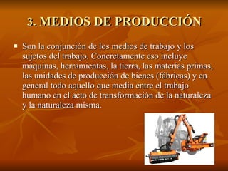 3. MEDIOS DE PRODUCCIÓN Son la conjunción de los medios de trabajo y los sujetos del trabajo. Concretamente eso incluye máquinas, herramientas, la tierra, las materias primas, las unidades de producción de bienes (fábricas) y en general todo aquello que media entre el trabajo humano en el acto de transformación de la naturaleza y la naturaleza misma. 