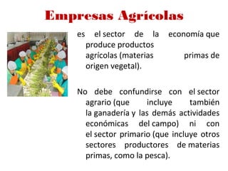 Empresas Agrícolas
es el sector de la economía que
produce productos
agrícolas (materias primas de
origen vegetal).
No debe confundirse con el sector
agrario (que incluye también
la ganadería y las demás actividades
económicas del campo) ni con
el sector primario (que incluye otros
sectores productores de materias
primas, como la pesca).
 