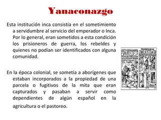 Yanaconazgo
Esta institución inca consistía en el sometimiento
a servidumbre al servicio del emperador o Inca.
Por lo general, eran sometidos a esta condición
los prisioneros de guerra, los rebeldes y
quienes no podían ser identificados con alguna
comunidad.
En la época colonial, se sometía a aborígenes que
estaban incorporados a la propiedad de una
parcela o fugitivos de la mita que eran
capturados y pasaban a servir como
dependientes de algún español en la
agricultura o el pastoreo.
 