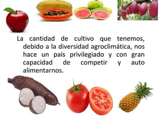 La cantidad de cultivo que tenemos,
debido a la diversidad agroclimática, nos
hace un país privilegiado y con gran
capacidad de competir y auto
alimentarnos.
 