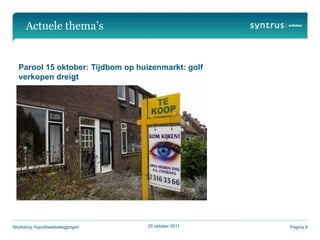 Actuele thema’s


  Parool 15 oktober: Tijdbom op huizenmarkt: golf
  verkopen dreigt




Workshop Hypotheekbeleggingen     25 oktober 2011   Pagina 9
 