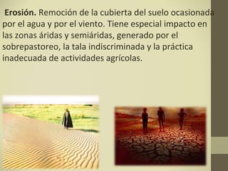Erosión. Remoción de la cubierta del suelo ocasionada
por el agua y por el viento. Tiene especial impacto en
las zonas áridas y semiáridas, generado por el
sobrepastoreo, la tala indiscriminada y la práctica
inadecuada de actividades agrícolas.
 