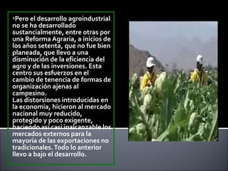 Pero el desarrollo agroindustrial no se ha desarrollado sustancialmente, entre otras por una Reforma Agraria, a inicios de los años setenta, que no fue bien planeada, que llevo a una disminución de la eficiencia del agro y de las inversiones. Esta centro sus esfuerzos en el cambio de tenencia de formas de organización ajenas al campesino. Las distorsiones introducidas en la economía, hicieron al mercado nacional muy reducido, protegido y poco exigente, haciendo así casi inalcanzable los mercados externos para la mayoría de las exportaciones no tradicionales. Todo lo anterior llevo a bajo el desarrollo. 