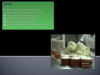 Nivel #2 En este nivel de la agroindustria hay transformación de las materias primas Elaboración de quesos y yogurt Conservas de frutas y vegetales Conservas de carne y pescado  Elaboración de harinas de pescado ,etc. 