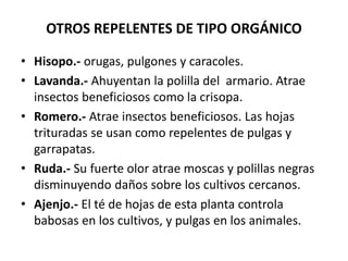 OTROS REPELENTES DE TIPO ORGÁNICO
• Hisopo.- orugas, pulgones y caracoles.
• Lavanda.- Ahuyentan la polilla del armario. Atrae
insectos beneficiosos como la crisopa.
• Romero.- Atrae insectos beneficiosos. Las hojas
trituradas se usan como repelentes de pulgas y
garrapatas.
• Ruda.- Su fuerte olor atrae moscas y polillas negras
disminuyendo daños sobre los cultivos cercanos.
• Ajenjo.- El té de hojas de esta planta controla
babosas en los cultivos, y pulgas en los animales.
 