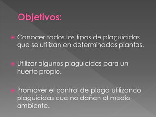  Conocer todos los tipos de plaguicidas
que se utilizan en determinadas plantas.
 Utilizar algunos plaguicidas para un
huerto propio.
 Promover el control de plaga utilizando
plaguicidas que no dañen el medio
ambiente.
 