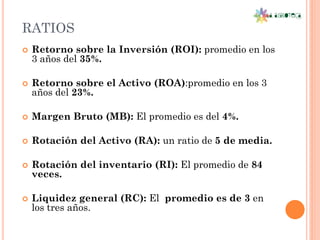 RATIOS
   Retorno sobre la Inversión (ROI): promedio en los
    3 años del 35%.

   Retorno sobre el Activo (ROA):promedio en los 3
    años del 23%.

   Margen Bruto (MB): El promedio es del 4%.

   Rotación del Activo (RA): un ratio de 5 de media.

   Rotación del inventario (RI): El promedio de 84
    veces.

   Liquidez general (RC): El promedio es de 3 en
    los tres años.
 