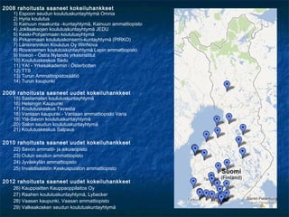 2008 rahoitusta saaneet kokeiluhankkeet
   1) Espoon seudun koulutuskuntayhtymä Omnia
   2) Hyria koulutus
   3) Kainuun maakunta –kuntayhtymä, Kainuun ammattiopisto
   4) Jokilaaksojen koulutuskuntayhtymä JEDU
   5) Keski-Pohjanmaan koulutusyhtymä
   6) Pirkanmaan koulutuskonserni-kuntayhtymä (PIRKO)
   7) Länsirannikon Koulutus Oy WinNova
   8) Rovaniemen koulutuskuntayhtymä Lapin ammattiopisto
   9) Inveon - Östra Nylands yrkesinstitut
   10) Koulutuskeskus Sedu
   11) YA! - Yrkesakademin i Österbotten
   12) TTS
   13) Turun Ammattiopistosäätiö
   14) Turun kaupunki

2009 rahoitusta saaneet uudet kokeiluhankkeet
   15) Sastamalan koulutuskuntayhtymä
   16) Helsingin Kaupunki
   17) Koulutuskeskus Tavastia
   18) Vantaan kaupunki - Vantaan ammattiopisto Varia
   19) Ylä-Savon koulutuskuntayhtymä
   20) Salon seudun koulutuskuntayhtymä
   21) Koulutuskeskus Salpaus

2010 rahoitusta saaneet uudet kokeiluhankkeet
   22) Savon ammatti- ja aikuisopisto
   23) Oulun seudun ammattiopisto
   24) Jyväskylän ammattiopisto
   25) Invalidisäätiön Keskuspuiston ammattiopisto

2012 rahoitusta saaneet uudet kokeiluhankkeet
   26) Kauppiaitten Kauppaoppilaitos Oy
   27) Raahen koulutuskuntayhtymä, Lybecker
   28) Vaasan kaupunki, Vaasan ammattiopisto
   29) Valkeakosken seudun koulutuskuntayhtymä
 