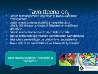 Tavoitteena on, Edistää työssäoppimisen laajempaa ja monipuolisempaa hyödyntämistä Lisätä ja monipuolistaa yksilöllisiä mahdollisuuksia työelämälähtöiseen ja käytännönläheiseen ammatilliseen opiskeluun Edistää ammatilliseen koulutukseen hakeutumista Edistää työelämän edellyttämän ammattitaidon saavuttamista Edesauttaa ammatillisten perustutkintojen suorittamista Tukea siirtymistä ammatillisesta koulutuksesta työelämään  Lupa kokeilla ja todeta, mikä toimii ja mikä taas ei! 