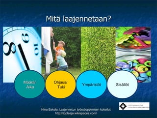 Mitä laajennetaan? Nina Eskola,  Laajennetun työssäoppimisen kokeilut http://toplaaja.wikispaces.com/ Määrä/ Aika Ohjaus/ Tuki Ympäristöt Sisällöt 