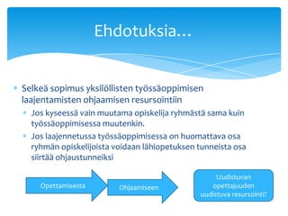 Ehdotuksia…


Selkeä sopimus yksilöllisten työssäoppimisen
laajentamisten ohjaamisen resursointiin
  Jos kyseessä vain muutama opiskelija ryhmästä sama kuin
  työssäoppimisessa muutenkin.
  Jos laajennetussa työssäoppimisessa on huomattava osa
  ryhmän opiskelijoista voidaan lähiopetuksen tunneista osa
  siirtää ohjaustunneiksi

                                                   Uudistuvan
    Opettamisesta        Ohjaamiseen             opettajuuden
                                              uudistuva resursointi?
 