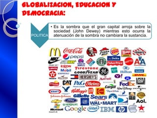 GLOBALIZACION, EDUCACION Y
DEMOCRACIA:
POLITICA
• Es la sombra que el gran capital arroja sobre la
sociedad (John Dewey) mientras esto ocurra la
atenuación de la sombra no cambiara la sustancia.
 