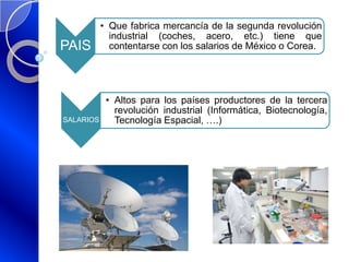 PAIS
• Que fabrica mercancía de la segunda revolución
industrial (coches, acero, etc.) tiene que
contentarse con los salarios de México o Corea.
SALARIOS
• Altos para los países productores de la tercera
revolución industrial (Informática, Biotecnología,
Tecnología Espacial, ….)
 