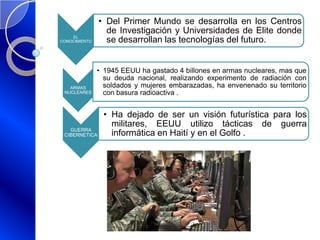 EL
CONOCIMIENTO
• Del Primer Mundo se desarrolla en los Centros
de Investigación y Universidades de Elite donde
se desarrollan las tecnologías del futuro.
ARMAS
NUCLEARES
• 1945 EEUU ha gastado 4 billones en armas nucleares, mas que
su deuda nacional, realizando experimento de radiación con
soldados y mujeres embarazadas, ha envenenado su territorio
con basura radioactiva .
GUERRA
CIBERNETICA
• Ha dejado de ser un visión futurística para los
militares, EEUU utilizo tácticas de guerra
informática en Haití y en el Golfo .
 