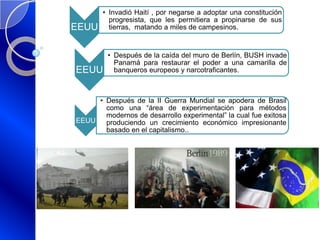 EEUU
• Invadió Haití , por negarse a adoptar una constitución
progresista, que les permitiera a propinarse de sus
tierras, matando a miles de campesinos.
EEUU
• Después de la caída del muro de Berlín, BUSH invade
Panamá para restaurar el poder a una camarilla de
banqueros europeos y narcotraficantes.
EEUU
• Después de la II Guerra Mundial se apodera de Brasil
como una “área de experimentación para métodos
modernos de desarrollo experimental” la cual fue exitosa
produciendo un crecimiento económico impresionante
basado en el capitalismo..
 