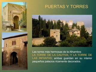 LOS MOCÁRABES Elemento clave de la decoración islámica realizado a base de prismas, yuxtapuestos y dirigidos hacia abajo,  que acaban en un estrechamiento prismático, cuya superficie inferior es cóncava. Se emplea especialmente en la arquitectura. Esta pieza muy repetida, cubre grandes espacios abovedados a modo de “estalactitas”, o da forma al perfil de los arcos. En su composición van creando una serie de zonas cóncavas originando juegos de color, de luces y de sombras. En el caso español, la Alhambra es un claro exponente de todas las variedades y composiciones de mocárabes. 