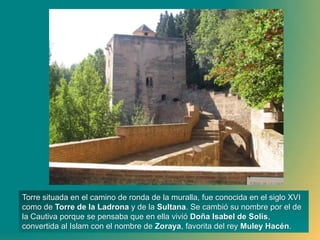 PUERTA DEL VINOEn el dintel aparece un símbolo, una llave con un cordón, y un tablero de escayola que reza: «Gloria a nuestro Señor el Sultán Abu 'Abd Allah al-Gani Billah» (Mohamed V). Lallave con borlas el blasón de los reyes nazaríes en Granada