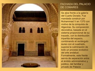 SALÓN DEL PALACIO DELMEXUARUtilización como soporte de la columna nazarí.Predominio de las techumbres adinteladas en madera sobre las que se proyecta una decoración en sebka.Capitel restaurado en 1995 con supolicromía original