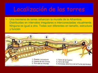 Localización de las torres
• Una treintena de torres refuerzan la muralla de la Alhambra.
  Distribuidas en intervalos irregulares e interconectadas visualmente.
  Ninguna es igual a otra. Todas son diferentes en tamaño, estructura
  y función
 