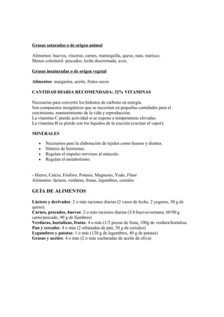 Grasas saturadas o de origen animal
Alimentos: huevos, vísceras, carnes, mantequilla, queso, nata, marisco.
Menos colesterol: pescados, leche descremada, aves.
Grasas insaturadas o de origen vegetal
Alimentos: margarina, aceite, frutos secos
CANTIDAD DIARIA RECOMENDADA: 32% VITAMINAS
Necesarias para convertir los hidratos de carbono en energía.
Son compuestos inorgánicos que se necesitan en pequeñas cantidades para el
crecimiento, mantenimiento de la vida y reproducción.
La vitamina C pierde actividad si se expone a temperaturas elevadas.
La vitamina B se pierde con los líquidos de la cocción (cocinar al vapor).
MINERALES
• Necesarios para la elaboración de tejidos como huesos y dientes.
• Síntesis de hormonas.
• Regulan el impulso nervioso al músculo.
• Regulan el metabolismo.
- Hierro, Calcio, Fósforo, Potasio, Magnesio, Yodo, Flúor
Alimentos: lácteos, verduras, frutas, legumbres, cereales
GUÍA DE ALIMENTOS
Lácteos y derivados: 2 o más raciones diarias (2 vasos de leche, 2 yogures, 30 g de
queso).
Carnes, pescados, huevos: 2 o más raciones diarias (3/4 huevos/semana, 60/90 g
carne/pescado, 90 g de fiambres)
Verduras, hortalizas, frutas: 4 o más (1/2 piezas de fruta, 100g de verdura/hortaliza.
Pan y cereales: 4 o más (2 rebanadas de pan, 30 g de cereales)
Legumbres y patatas: 1 o más (120 g de legumbres, 40 g de patatas)
Grasas y aceites: 4 o más (2 o más cucharadas de aceite de oliva)
 