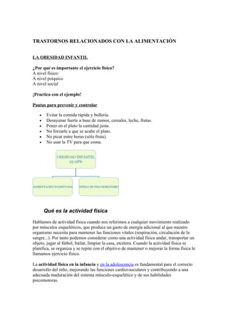 TRASTORNOS RELACIONADOS CON LA ALIMENTACIÓN
LA OBESIDAD INFANTIL
¿Por qué es importante el ejercicio físico?
A nivel físico:
A nivel psíquico
A nivel social
¡Practica con el ejemplo!
Pautas para prevenir y controlar
• Evitar la comida rápida y bollería.
• Desayunar fuerte a base de zumos, cereales, leche, frutas.
• Poner en el plato la cantidad justa.
• No forzarle a que se acabe el plato.
• No picar entre horas (sólo fruta).
• No usar la TV para que coma.
Qué es la actividad física
Hablamos de actividad física cuando nos referimos a cualquier movimiento realizado
por músculos esqueléticos, que produce un gasto de energía adicional al que nuestro
organismo necesita para mantener las funciones vitales (respiración, circulación de la
sangre...). Por tanto podemos considerar como una actividad física andar, transportar un
objeto, jugar al fútbol, bailar, limpiar la casa, etcétera. Cuando la actividad física se
planifica, se organiza y se repite con el objetivo de mantener o mejorar la forma física le
llamamos ejercicio físico.
La actividad física en la infancia y en la adolescencia es fundamental para el correcto
desarrollo del niño, mejorando las funciones cardiovasculares y contribuyendo a una
adecuada maduración del sistema músculo-esquelético y de sus habilidades
psicomotoras.
 