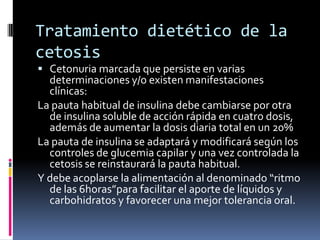 Tratamiento dietético de la
cetosis
 Cetonuria marcada que persiste en varias

determinaciones y/o existen manifestaciones
clínicas:
La pauta habitual de insulina debe cambiarse por otra
de insulina soluble de acción rápida en cuatro dosis,
además de aumentar la dosis diaria total en un 20%
La pauta de insulina se adaptará y modificará según los
controles de glucemia capilar y una vez controlada la
cetosis se reinstaurará la pauta habitual.
Y debe acoplarse la alimentación al denominado “ritmo
de las 6horas”para facilitar el aporte de líquidos y
carbohidratos y favorecer una mejor tolerancia oral.

 