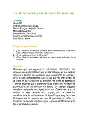 La alimentación y excreción en Paramecium. 
Autores: 
Grupo 518 
Díaz Reyes Marina Guadalupe. 
Medina Rodríguez Alejandra Carolina. 
Morales Soto Alondra. 
Olivares Barón Diana Laura. 
Pasten Espinoza Christian Gerardo. 
Real Ramírez Henry. 
Preguntas generadoras: 
1. ¿Qué semejanzas y diferencias encuentras entre la alimentación de un organismo 
unicelular heterótrofo y los heterótrofos multicelulares? 
2. ¿A qué crees que se deban las diferencias? 
3. ¿Cómo afecta la alimentación heterótrofa las características anatómicas de su 
organismo? 
Hipótesis 
Creemos que los organismos unicelulares heterótrofos son 
similares en su alimentación que los pluricelulares ya que también 
ingieren y digieren sus alimentos para convertirlos en energía y 
llevar a cabo su metabolismo, la diferencia que hay entre ambos es 
la forma en que consiguen su alimento y la forma de degradarlo. 
También creemos que a diferencia de los organismos heterótrofos 
pluricelulares el paramecium no tendrá un aparato digestivo 
completo, realizando solo digestión química. Observaremos en los 
cultivos de trigo, centeno, arroz y paja; como el protoctista 
unicelular paramecium lleva acabo la digestión química y excreción. 
Observaremos la manera en que el paramecium realiza las 
funciones de engullir, regular el agua, excretar, etcétera utilizando 
los organelos de su célula. 
 