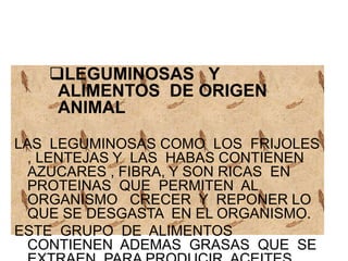 LEGUMINOSAS   Y  ALIMENTOS  DE ORIGEN ANIMALLAS  LEGUMINOSAS COMO  LOS  FRIJOLES , LENTEJAS Y  LAS  HABAS CONTIENEN AZUCARES , FIBRA, Y SON RICAS  EN  PROTEINAS  QUE  PERMITEN  AL  ORGANISMO   CRECER  Y  REPONER LO QUE SE DESGASTA  EN EL ORGANISMO.ESTE  GRUPO  DE  ALIMENTOS  CONTIENEN  ADEMAS  GRASAS  QUE  SE  EXTRAEN  PARA PRODUCIR  ACEITES PARA  COCINAR , AL IGUAL  QUE  EL AZUCAR  REFINADA. L