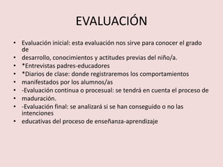EVALUACIÓN
• Evaluación inicial: esta evaluación nos sirve para conocer el grado
  de
• desarrollo, conocimientos y actitudes previas del niño/a.
• *Entrevistas padres-educadores
• *Diarios de clase: donde registraremos los comportamientos
• manifestados por los alumnos/as
• -Evaluación continua o procesual: se tendrá en cuenta el proceso de
• maduración.
• -Evaluación final: se analizará si se han conseguido o no las
  intenciones
• educativas del proceso de enseñanza-aprendizaje
 