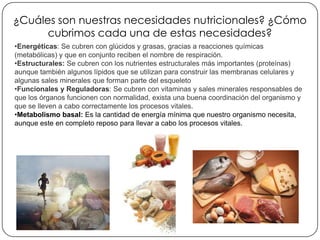 ¿Cuáles son nuestras necesidades nutricionales? ¿Cómo
cubrimos cada una de estas necesidades?
•Energéticas: Se cubren con glúcidos y grasas, gracias a reacciones químicas
(metabólicas) y que en conjunto reciben el nombre de respiración.
•Estructurales: Se cubren con los nutrientes estructurales más importantes (proteínas)
aunque también algunos lípidos que se utilizan para construir las membranas celulares y
algunas sales minerales que forman parte del esqueleto
•Funcionales y Reguladoras: Se cubren con vitaminas y sales minerales responsables de
que los órganos funcionen con normalidad, exista una buena coordinación del organismo y
que se lleven a cabo correctamente los procesos vitales.
•Metabolismo basal: Es la cantidad de energía mínima que nuestro organismo necesita,
aunque este en completo reposo para llevar a cabo los procesos vitales.
 