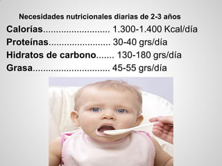Necesidades nutricionales diarias de 2-3 años
Calorías.......................... 1.300-1.400 Kcal/día
Proteínas........................ 30-40 grs/día
Hidratos de carbono....... 130-180 grs/día
Grasa.............................. 45-55 grs/día
 