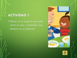 ACTIVIDAD 1
• Dibujar en un papel lo que suele
comer en casa y redondear qué
alimento es su preferido.
 
