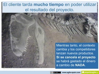El cliente tarda mucho tiempo en poder utilizar
             el resultado del proyecto.




                                                    Mientras tanto, el contexto
                                                    cambia y los competidores
                                                    lanzan nuevos productos.
                                                    Si se cancela el proyecto
                                                    se habrá gastado el dinero
                                                    a cambio de NADA.
http://www.flickr.com/photos/marxxiana/209752547/

                                                        www.agile-spain.com
 