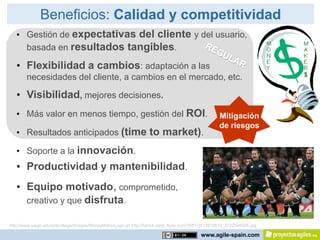 Beneficios: Calidad y competitividad
   • Gestión de expectativas del cliente y del usuario,
     basada en resultados tangibles.

   • Flexibilidad a cambios: adaptación a las
        necesidades del cliente, a cambios en el mercado, etc.

   • Visibilidad, mejores decisiones.
   • Más valor en menos tiempo, gestión del ROI.                                                    Mitigación
                                                                                                    de riesgos
   • Resultados anticipados (time to market).

   • Soporte a la innovación.
   • Productividad y mantenibilidad.
   • Equipo motivado, comprometido,
     creativo y que disfruta.

http://www.uwgb.edu/precollege/Images/MoneyMakerLogo.gif http://farm4.static.flickr.com/3551/3515919619_97225460d6.jpg

                                                                                           www.agile-spain.com
 