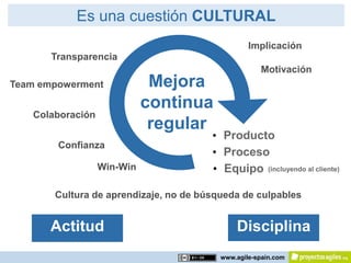 Es una cuestión CULTURAL
                                                 Implicación
       Transparencia
                                                    Motivación
Team empowerment             Mejora
                            continua
   Colaboración
                             regular
                                       • Producto
        Confianza
                                       • Proceso
                  Win-Win              • Equipo (incluyendo al cliente)

       Cultura de aprendizaje, no de búsqueda de culpables


      Actitud                                Disciplina
                                         www.agile-spain.com
 