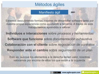 Métodos ágiles
                          Manifiesto ágil            2001



Estamos descubriendo formas mejores de desarrollar software tanto por
nuestra propia experiencia como ayudando a terceros. A través de este
                  trabajo hemos aprendido a valorar:

Individuos e interacciones sobre procesos y herramientas
 Software que funciona sobre documentación exhaustiva
Colaboración con el cliente sobre negociación de contratos
 Responder ante el cambio sobre seguimiento de un plan

   Esto es, aunque los elementos a la derecha tienen valor, nosotros
      valoramos por encima de ellos los que están a la izquierda.



                                             www.agile-spain.com
 